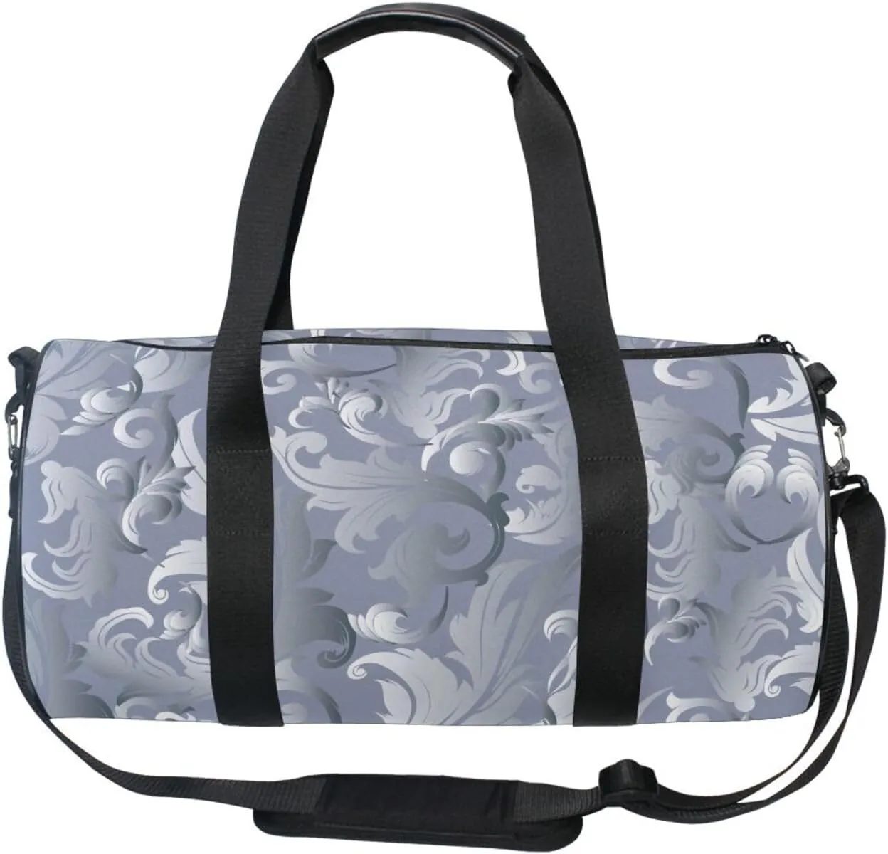 Elegant light Grey White Medieval Baroque Vintage Antique Damask Portable Gym Bag, Travel Bag, Luggage bag, Sports Bag, Toiletry Bag with Handles, Detachable Shoulder Strap 17.6 x 9 x 9 inch