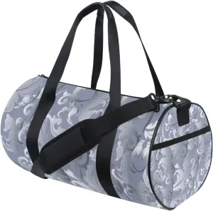 Elegant light Grey White Medieval Baroque Vintage Antique Damask Portable Gym Bag, Travel Bag, Luggage bag, Sports Bag, Toiletry Bag with Handles, Detachable Shoulder Strap 17.6 x 9 x 9 inch