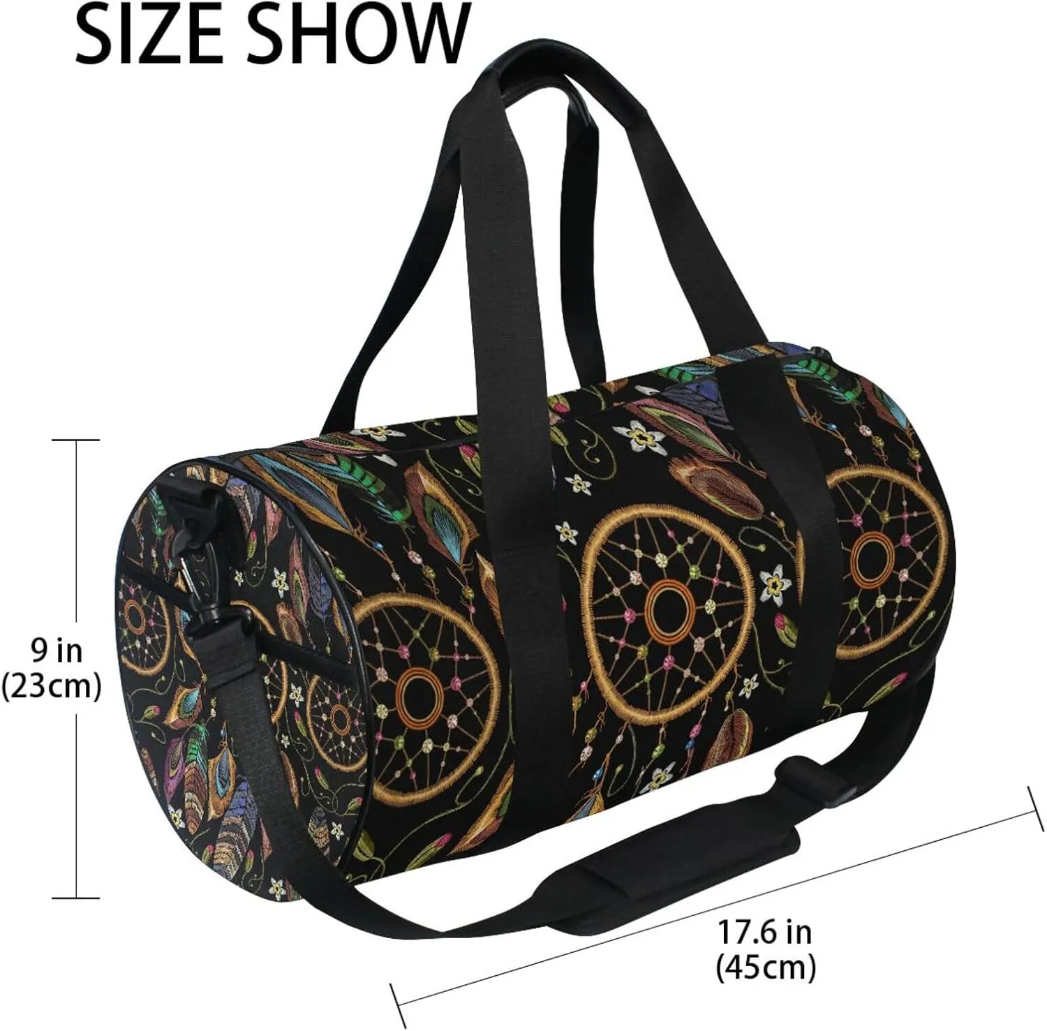 Embroidery Dream Catcher Native American Indian Tribal Feathers Portable Gym Bag, Travel Bag, Luggage bag, Sports Bag, Toiletry Bag with Handles, Detachable Shoulder Strap 17.6 x 9 x 9 inch