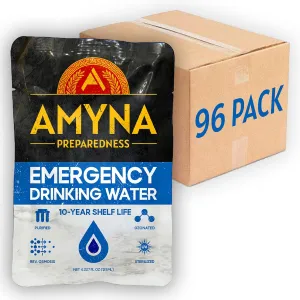 Emergency Drinking Water Pouches (96) 10-Year Shelf Life - Individual Survival Water Ration Packets for Disaster Preparedness - 4.227 fl oz / 125 ml - Made in USA