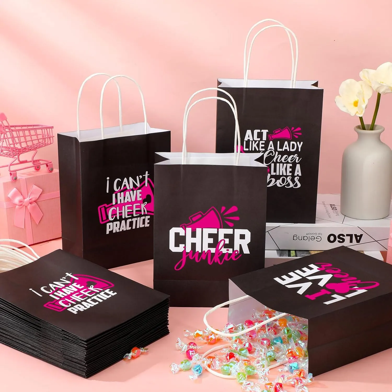 Engrowtic 24 Pcs Cheer Goodie Bags Cheerleading Tote Bags Cheerleader Gifts Accessories for Cheerleaders Cheer Party Favors Bulk for Team(Pink)