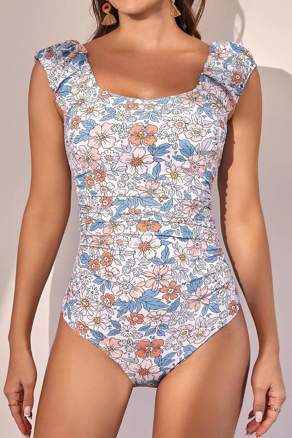 Eomenie Womens One Piece Swimsuits Puffy Sleeves Tummy Control Bathing Suit Tie Back Swimwear