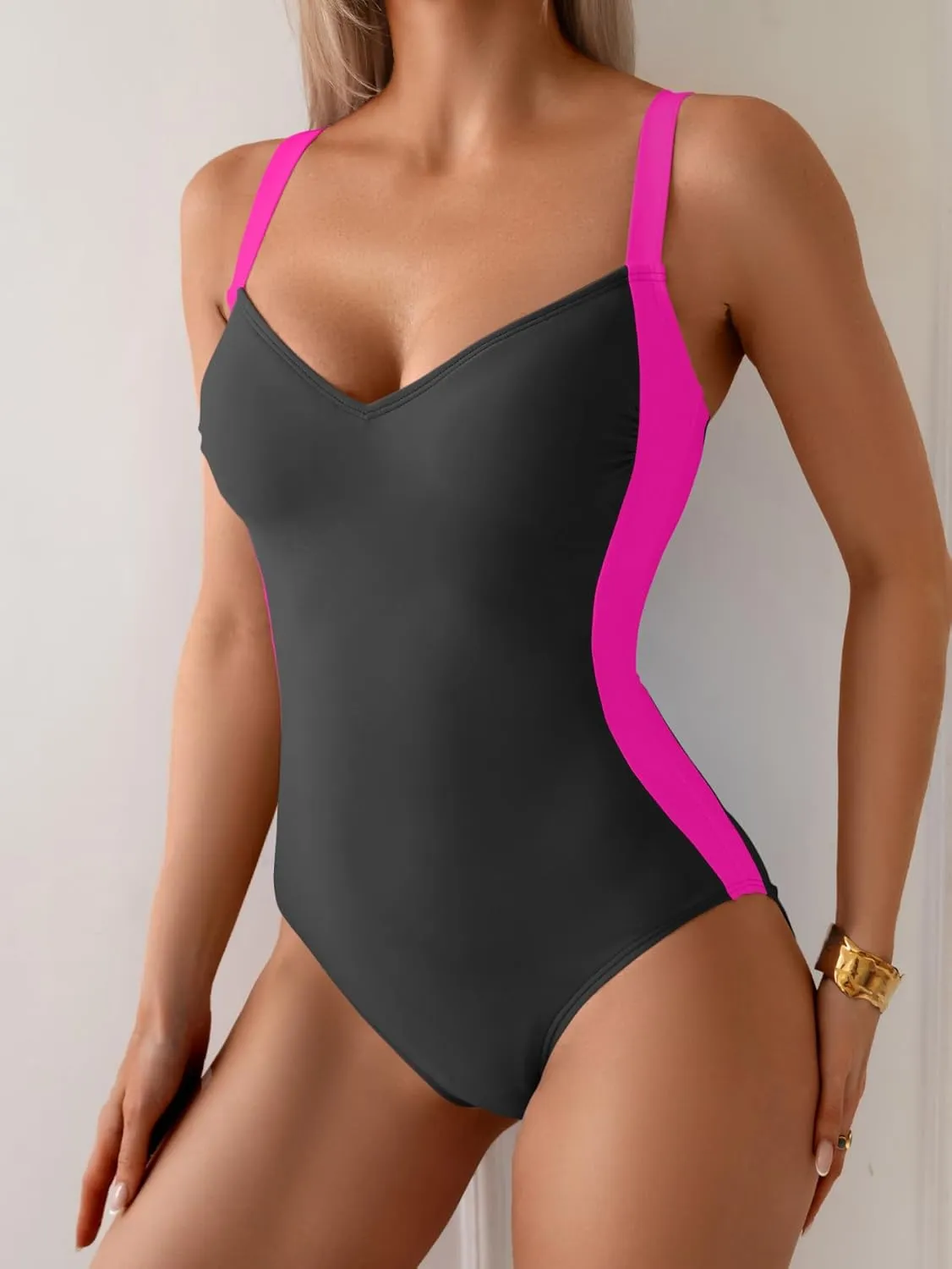 Eomenie Women's Tummy Control One Piece Swimsuit Slimming Lace Up Back Bathing Suit V Neck Swimwear