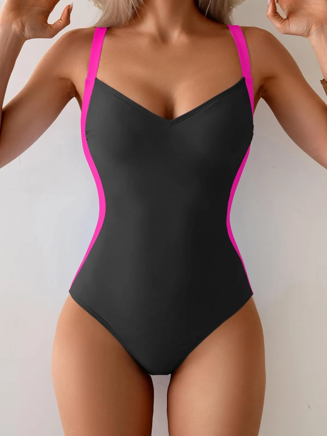 Eomenie Women's Tummy Control One Piece Swimsuit Slimming Lace Up Back Bathing Suit V Neck Swimwear