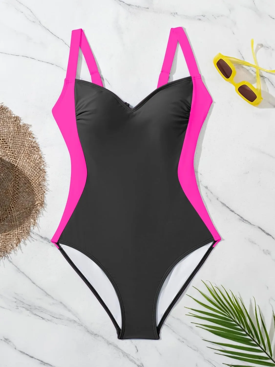 Eomenie Women's Tummy Control One Piece Swimsuit Slimming Lace Up Back Bathing Suit V Neck Swimwear