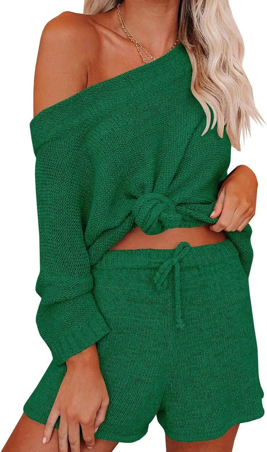 Ermonn Womens 2 Piece Outfits Sweater Sets Off Shoulder Knit Tops Waist Short Suits Casual Pajama Set