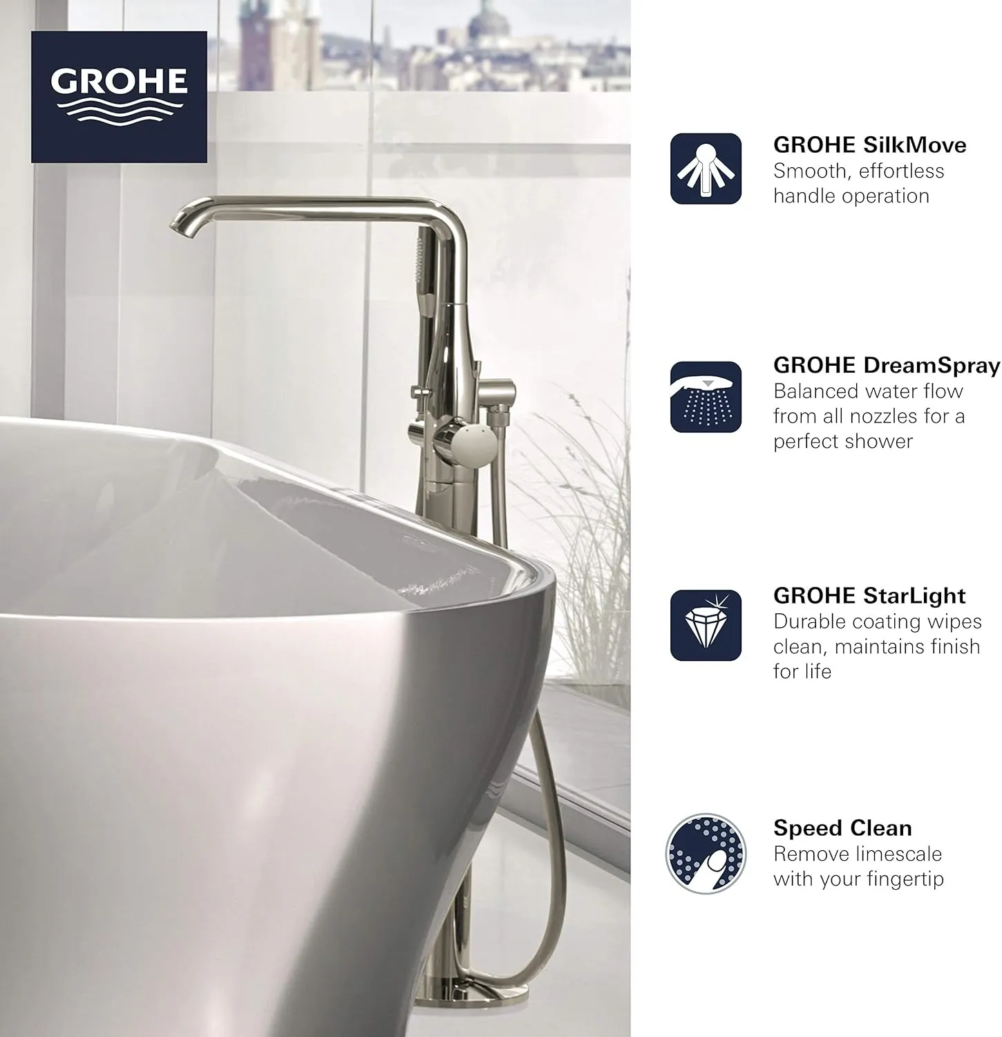 Essence Floor Standing Tub Filler, Brushed Cool Sunrise