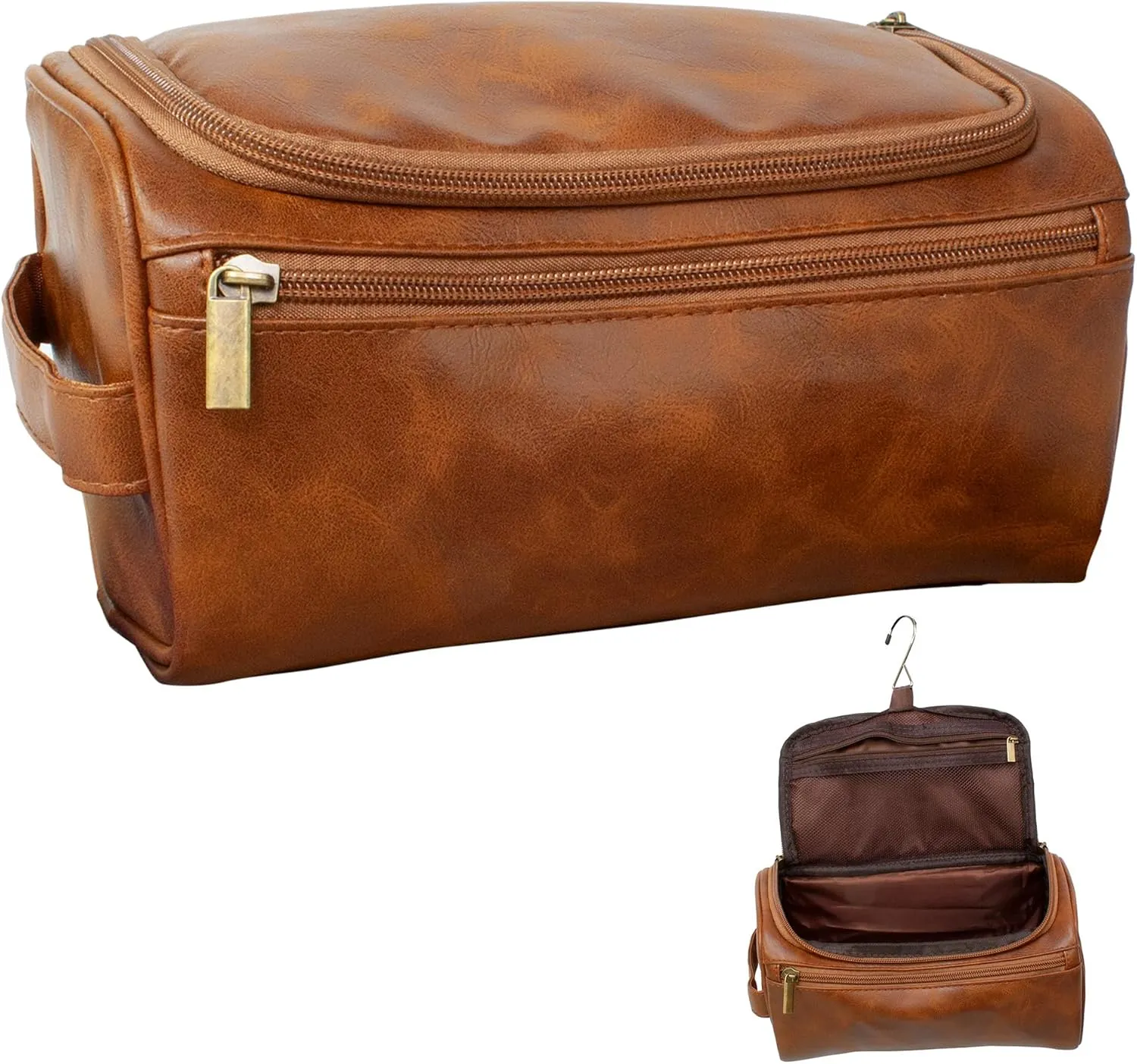 Eurow Luxe Mens 3 Compartment Faux Leather Toiletry Bag With Metal Hanging Hook & Handstrap For Travel, Organize Bath Supplies, Grooming & Shaving Kits, Personal Hygiene, Travel Essentials, Brown