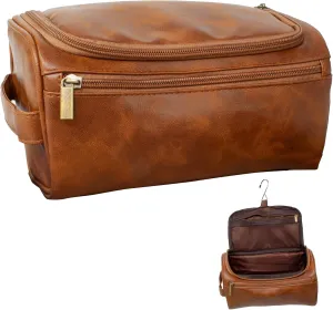 Eurow Luxe Mens 3 Compartment Faux Leather Toiletry Bag With Metal Hanging Hook & Handstrap For Travel, Organize Bath Supplies, Grooming & Shaving Kits, Personal Hygiene, Travel Essentials, Brown