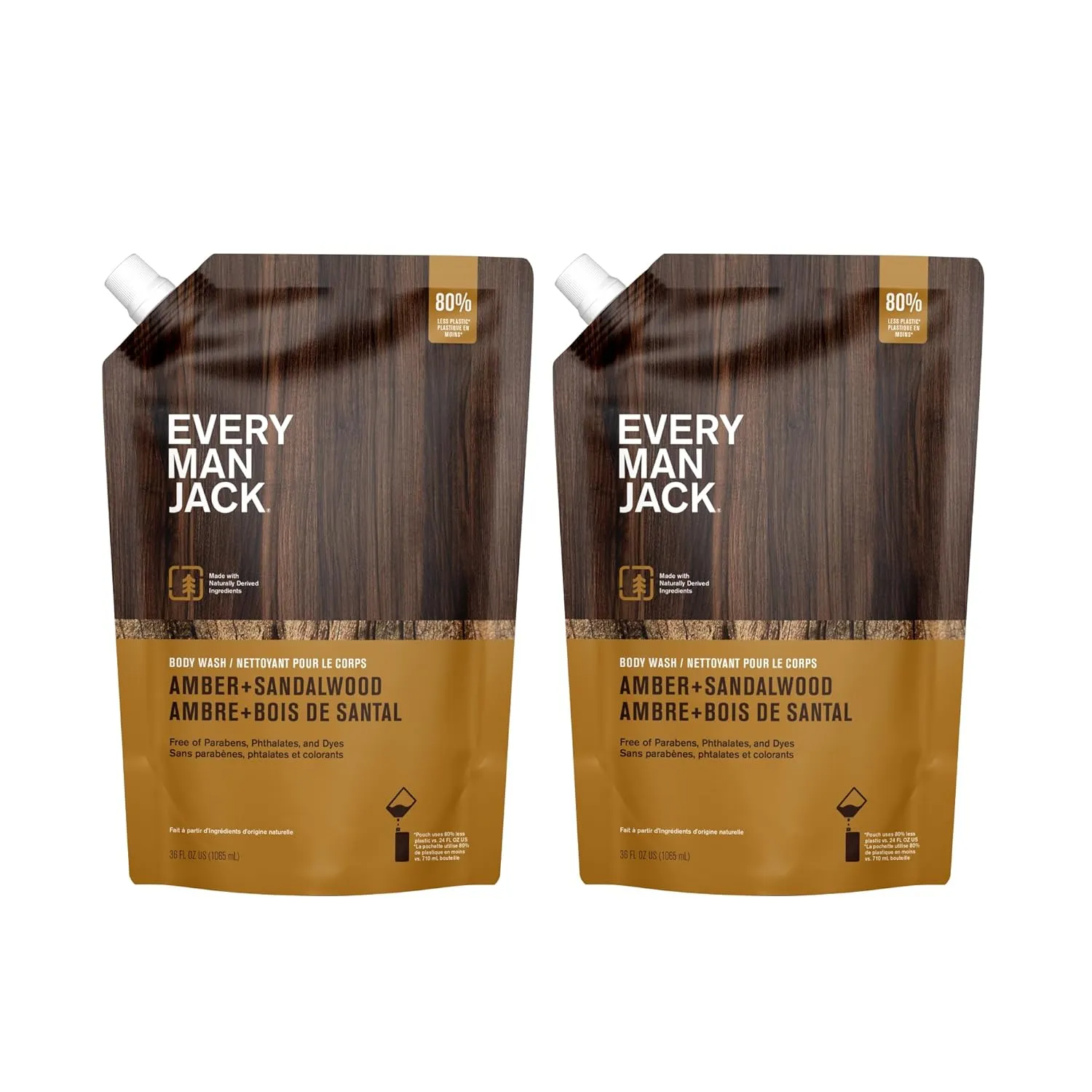Every Man Jack Amber   Sandalwood Mens Body Wash Refill Starter Pouch - Cleanse, Nourish, and Hydrate Skin - Naturally Derived Ingredients - Paraben Free, Phthalate Free, Dye Free - (2-36oz pouches)