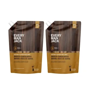 Every Man Jack Amber   Sandalwood Mens Body Wash Refill Starter Pouch - Cleanse, Nourish, and Hydrate Skin - Naturally Derived Ingredients - Paraben Free, Phthalate Free, Dye Free - (2-36oz pouches)