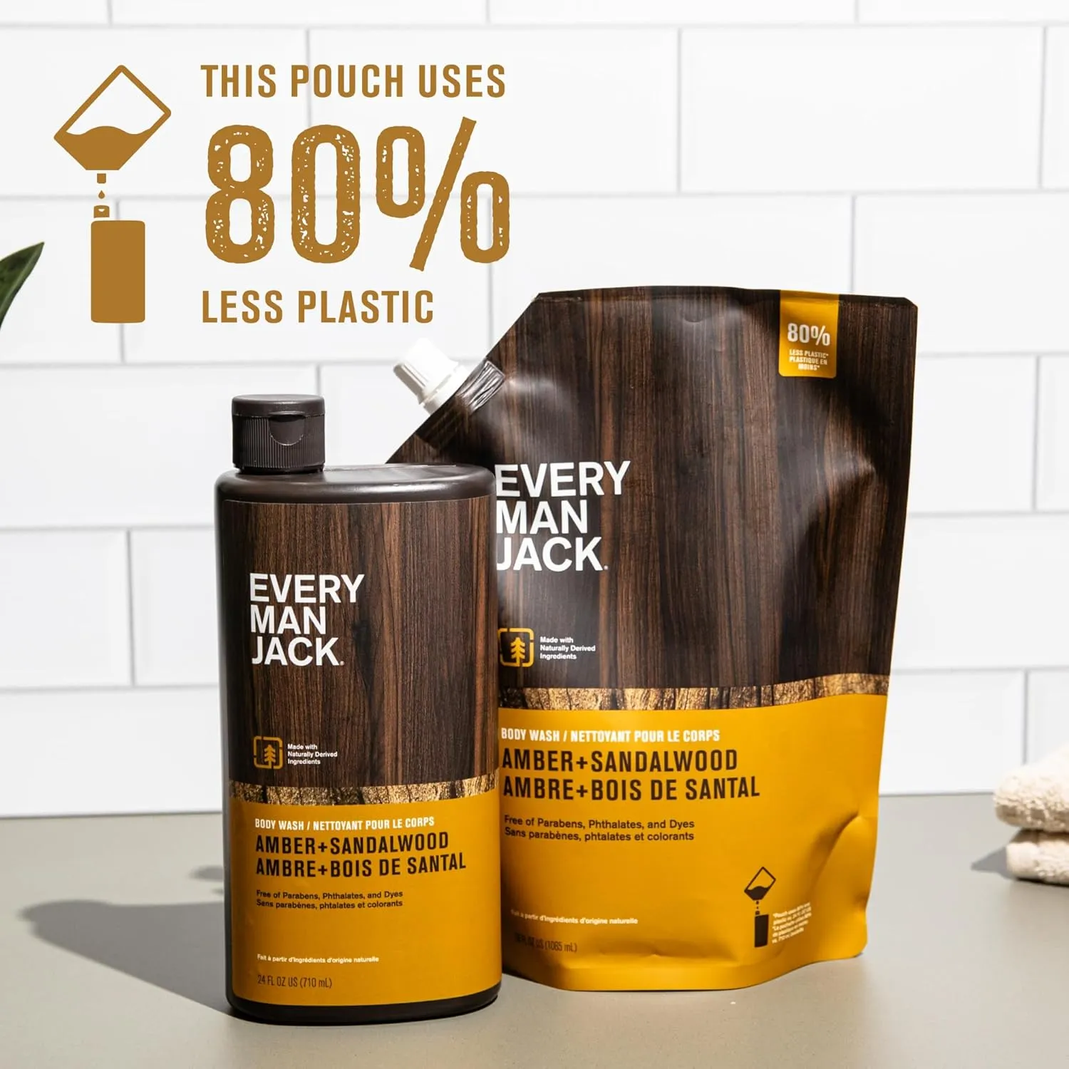 Every Man Jack Amber   Sandalwood Mens Body Wash Refill Starter Pouch - Cleanse, Nourish, and Hydrate Skin - Naturally Derived Ingredients - Paraben Free, Phthalate Free, Dye Free - (2-36oz pouches)