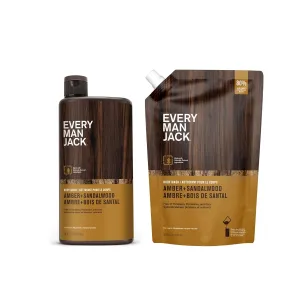 Every Man Jack Amber   Sandalwood Mens Body Wash Refill Starter Pouch - Naturally Derived Ingredients - Paraben Free, Phthalate Free, Dye Free - (1-36oz pouch, 1-24oz bottle)