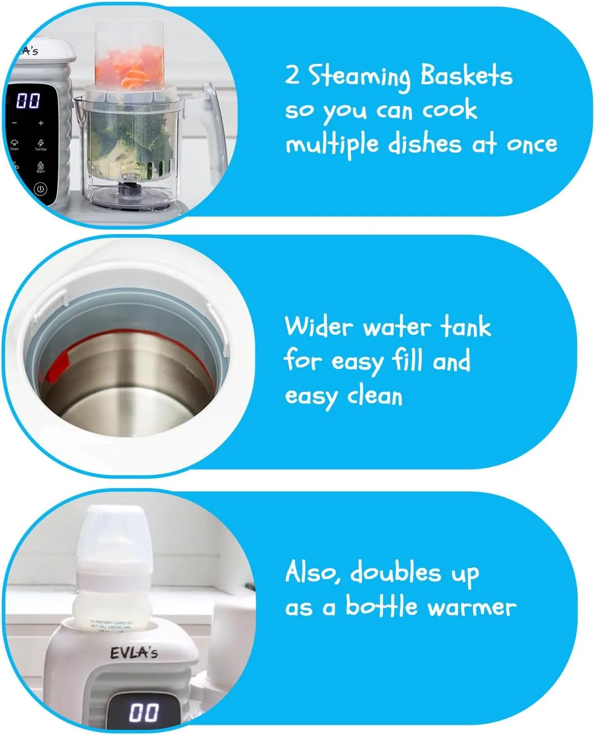 EVLA'S Double Baby Food Maker with 2 Steaming Baskets, Steamer, Blender, Grinder, Food Processor, Cook & Blends Healthy Baby Food in Minutes, Touch Screen, with 6 food pouches, White