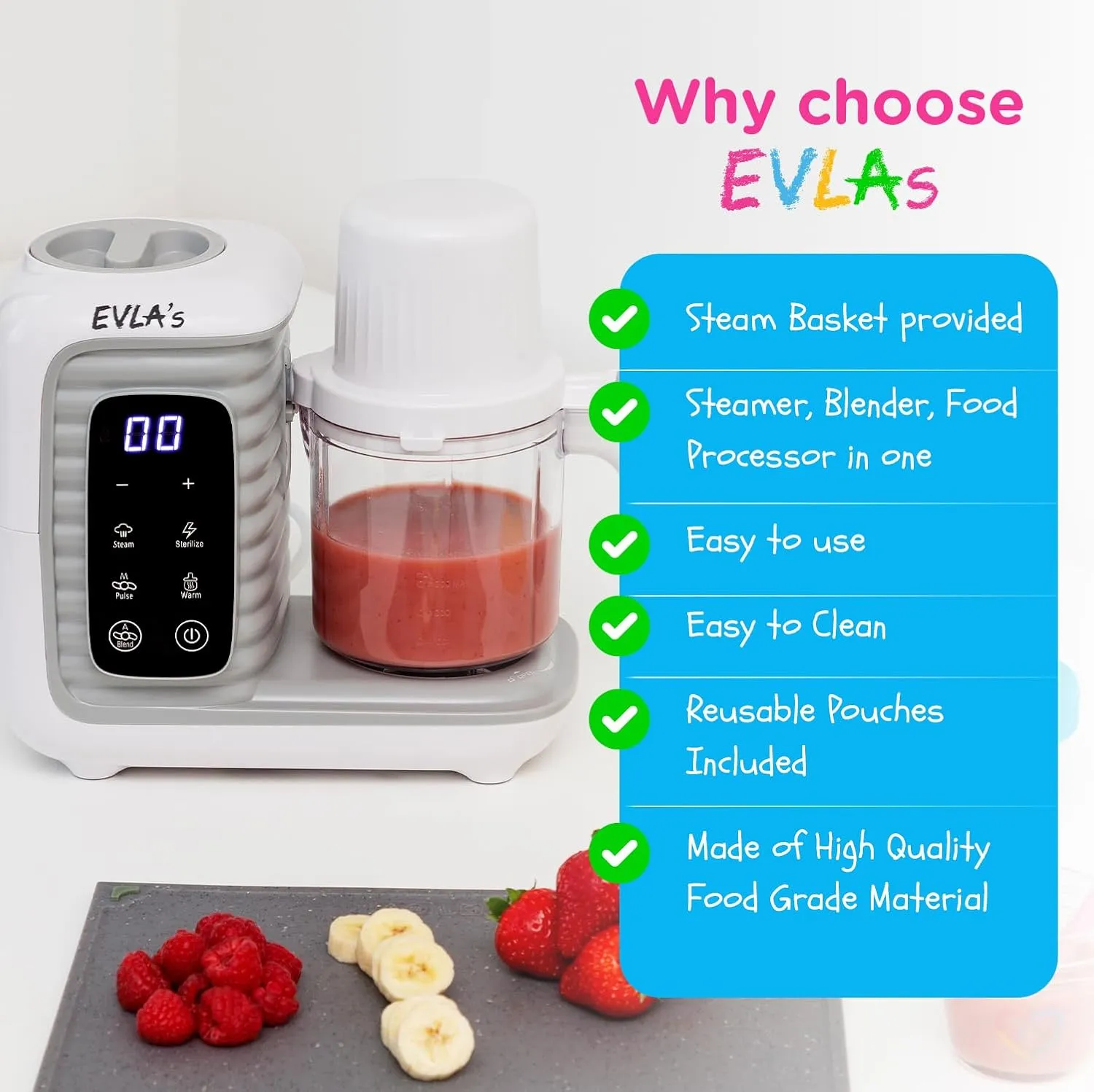 EVLA'S Double Baby Food Maker with 2 Steaming Baskets, Steamer, Blender, Grinder, Food Processor, Cook & Blends Healthy Baby Food in Minutes, Touch Screen, with 6 food pouches, White