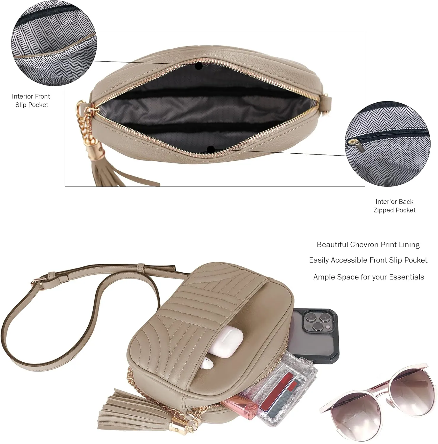 EVVE Quilted Crossbody Bags for Women - Stylish Camera Bag with Tassel - Lightweight Medium Size Shoulder Purse