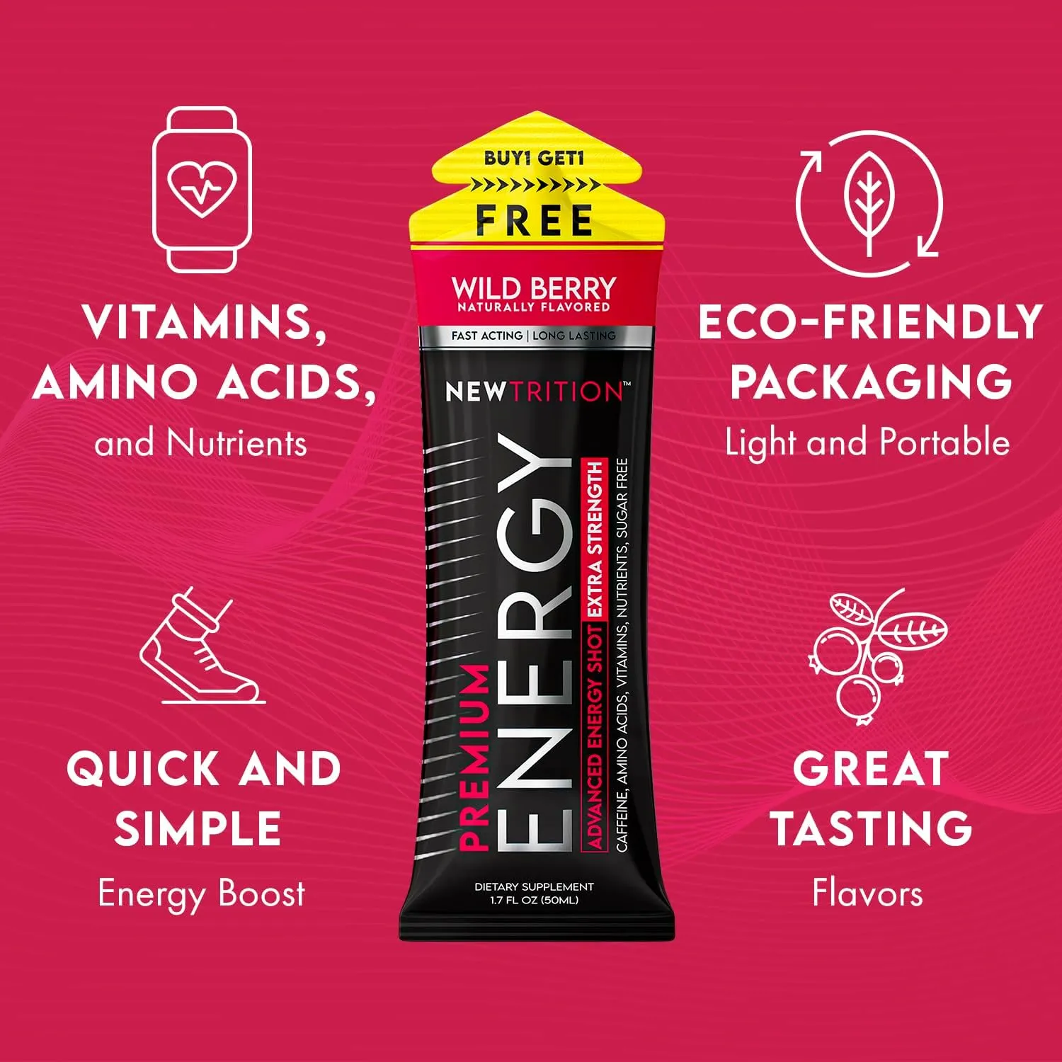 Extra Strength Energy Shots, with Caffeine, Vitamin B & Amino Acids, Sugar-Free Vitamin Energy Shot, 1.7 fl oz, Wild Berry, 24 Count