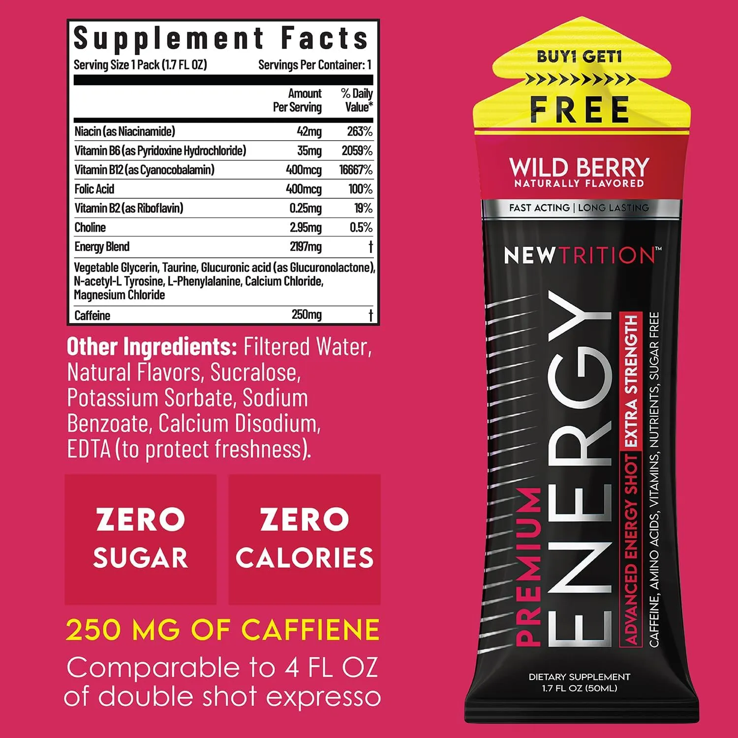 Extra Strength Energy Shots, with Caffeine, Vitamin B & Amino Acids, Sugar-Free Vitamin Energy Shot, 1.7 fl oz, Wild Berry, 24 Count
