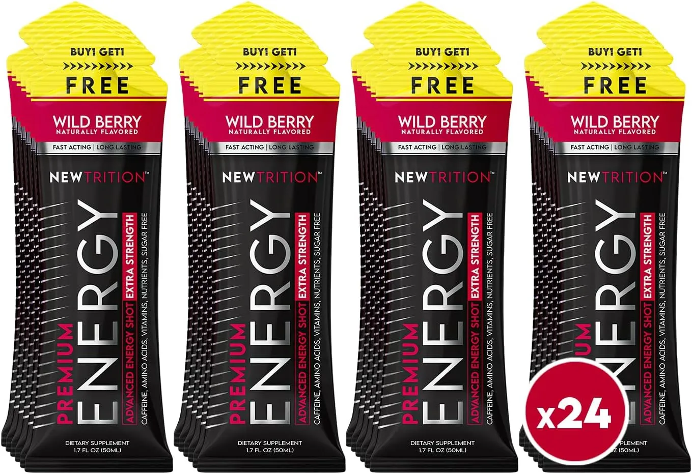 Extra Strength Energy Shots, with Caffeine, Vitamin B & Amino Acids, Sugar-Free Vitamin Energy Shot, 1.7 fl oz, Wild Berry, 24 Count