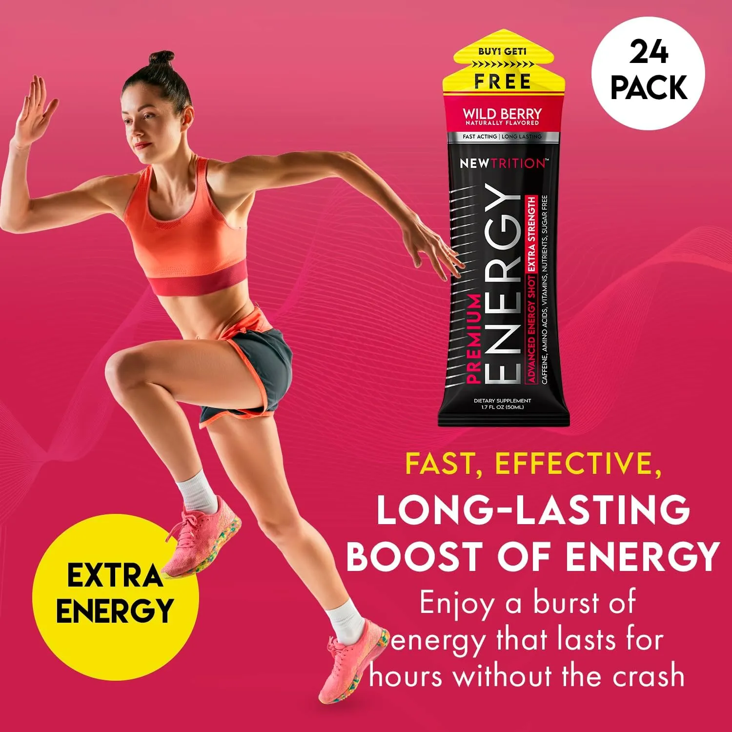 Extra Strength Energy Shots, with Caffeine, Vitamin B & Amino Acids, Sugar-Free Vitamin Energy Shot, 1.7 fl oz, Wild Berry, 24 Count