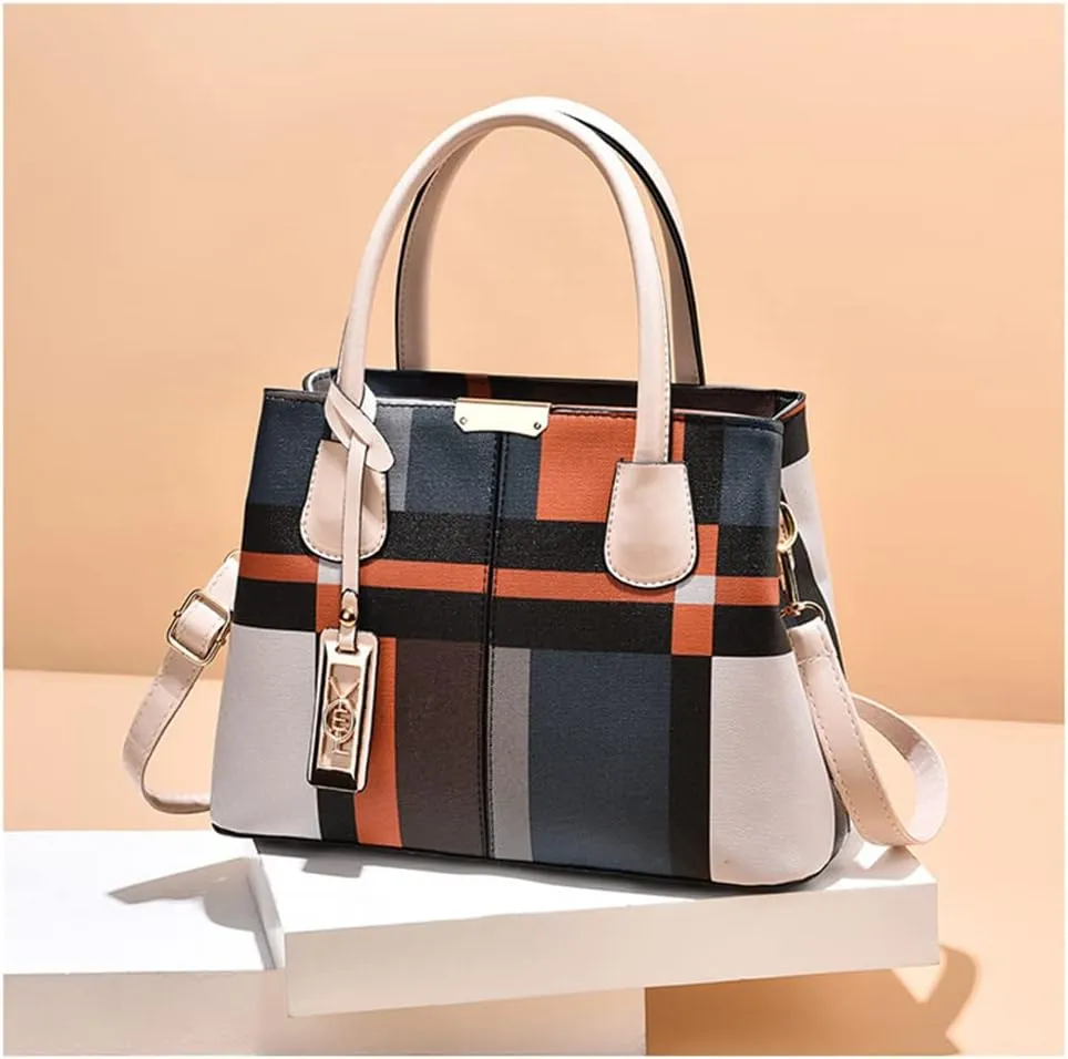 Fashion Plaid Satchel Handbag for Women - Large Top Handle Purse & Crossbody Bag with Zipper Closure