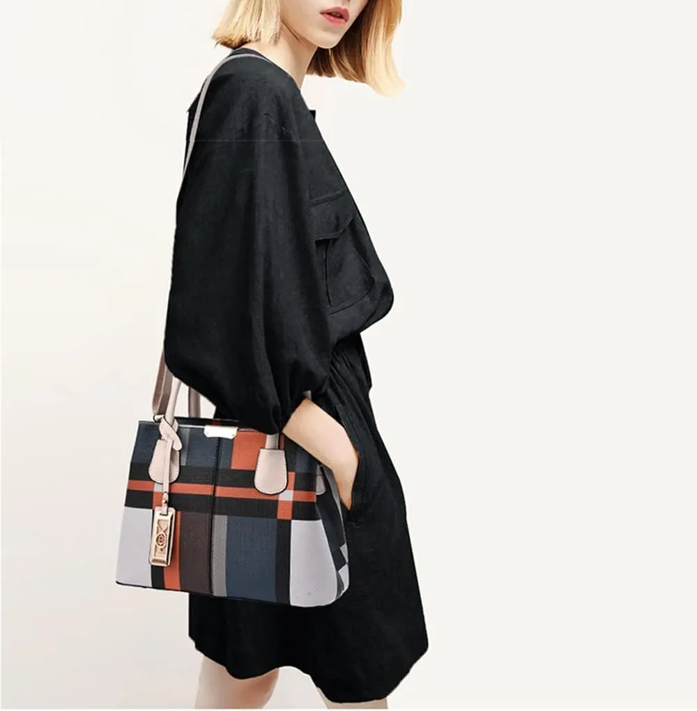 Fashion Plaid Satchel Handbag for Women - Large Top Handle Purse & Crossbody Bag with Zipper Closure