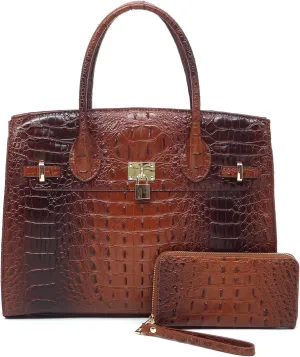 Faux Brown Alligator Satchel and Wallet Set