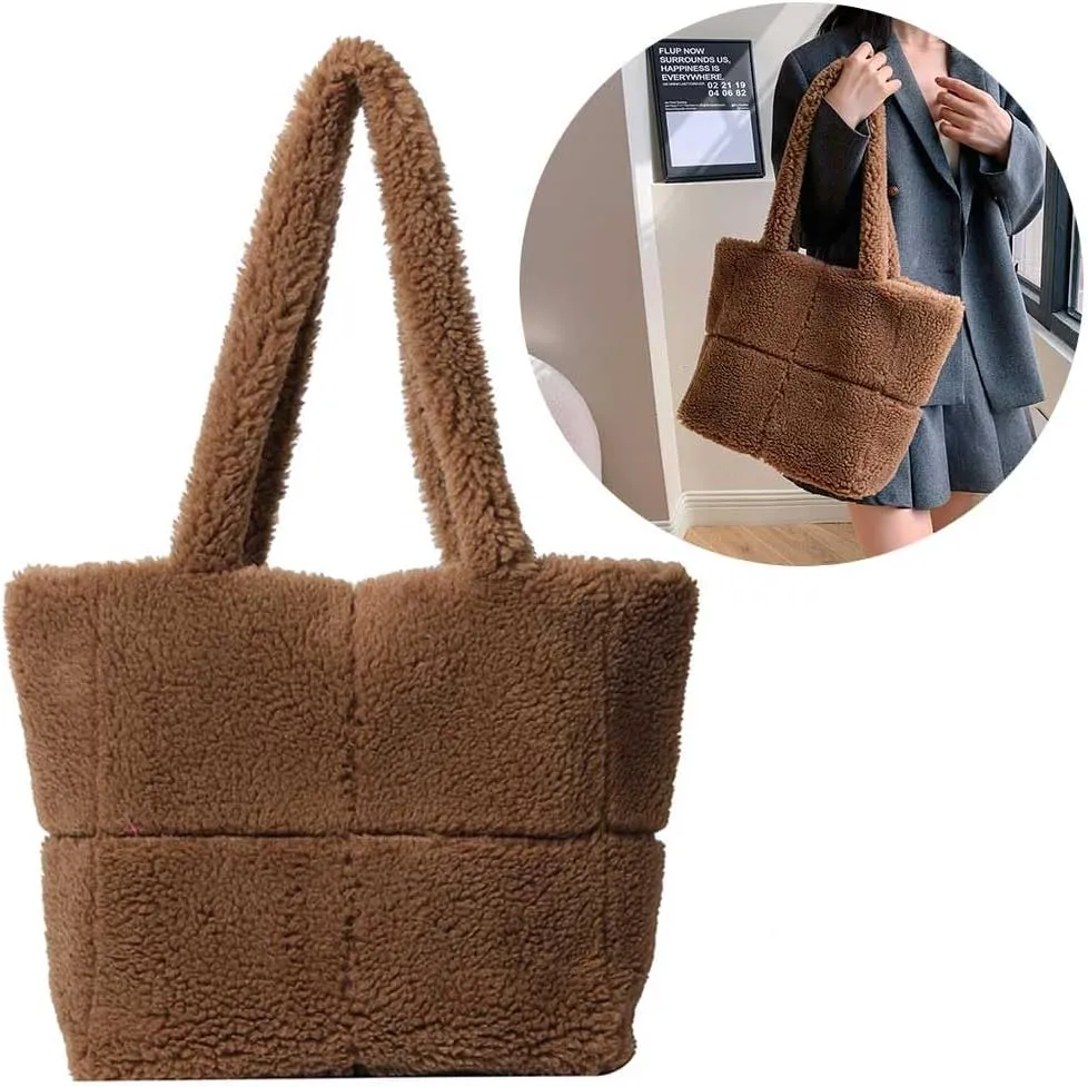 Faux Handbag Women Large Lambswool Tote Bag Lightweight Plush Tote Handbag Fuzzy Shoulder Bag Winter Shopping Bag