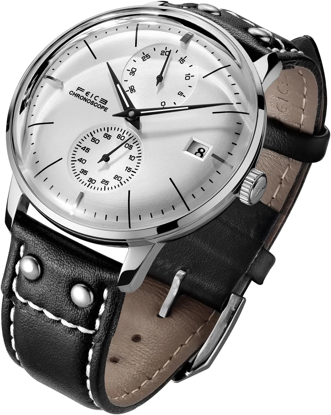 FEICE Men's Automatic Watch Mechanical Watch Stainless Steel Leather Band Watches Analog Curved Mirror Brushed Finish Casual Dress Watches for Men #FM212 (White)