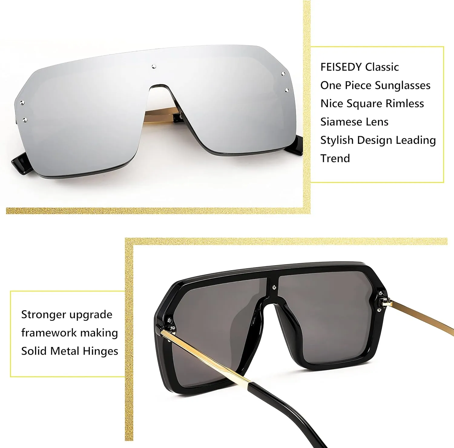 FEISEDY Classic Siamese One Piece Sunglasses Nice Rimless Stylish Retro Design for Women Men B2574
