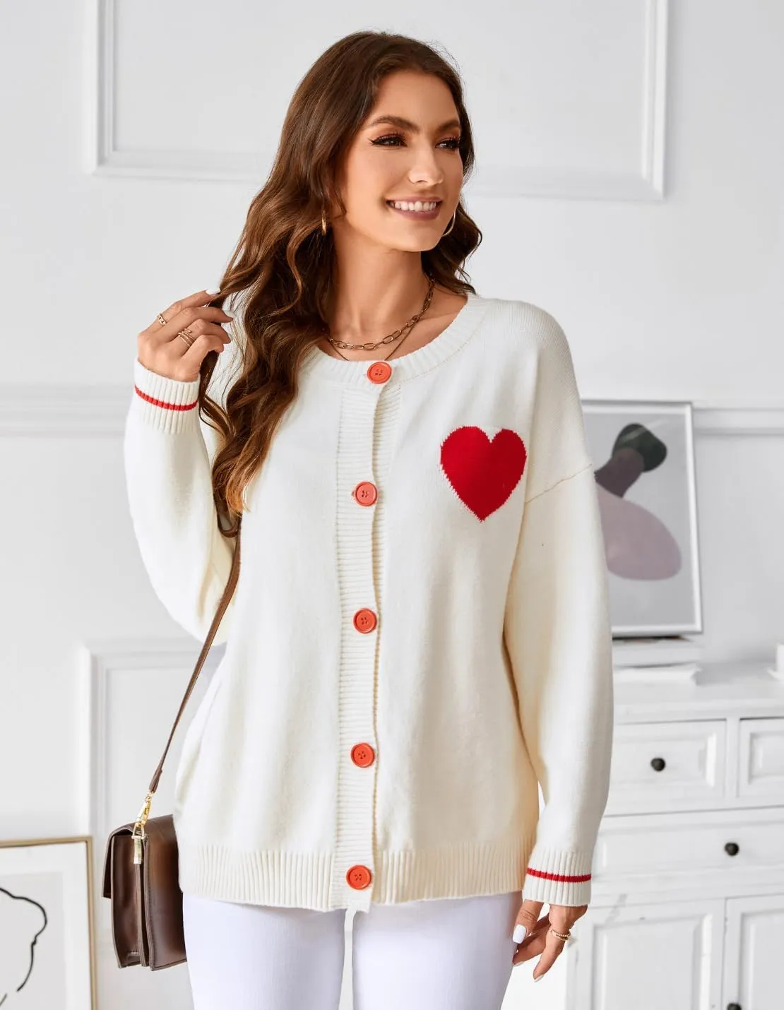 FindThy Women's Cute Cardigan Sweater Kawaii Love Heart Print Y2K Button Knitted Outerwear