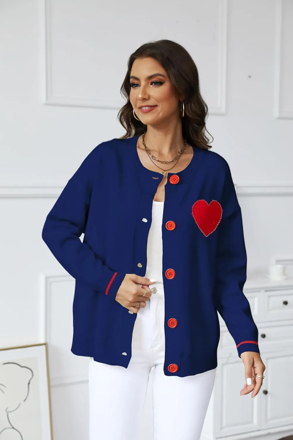 FindThy Women's Cute Cardigan Sweater Kawaii Love Heart Print Y2K Button Knitted Outerwear