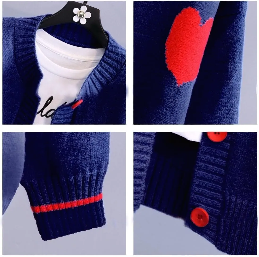 FindThy Women's Cute Cardigan Sweater Kawaii Love Heart Print Y2K Button Knitted Outerwear