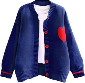FindThy Women's Cute Cardigan Sweater Kawaii Love Heart Print Y2K Button Knitted Outerwear