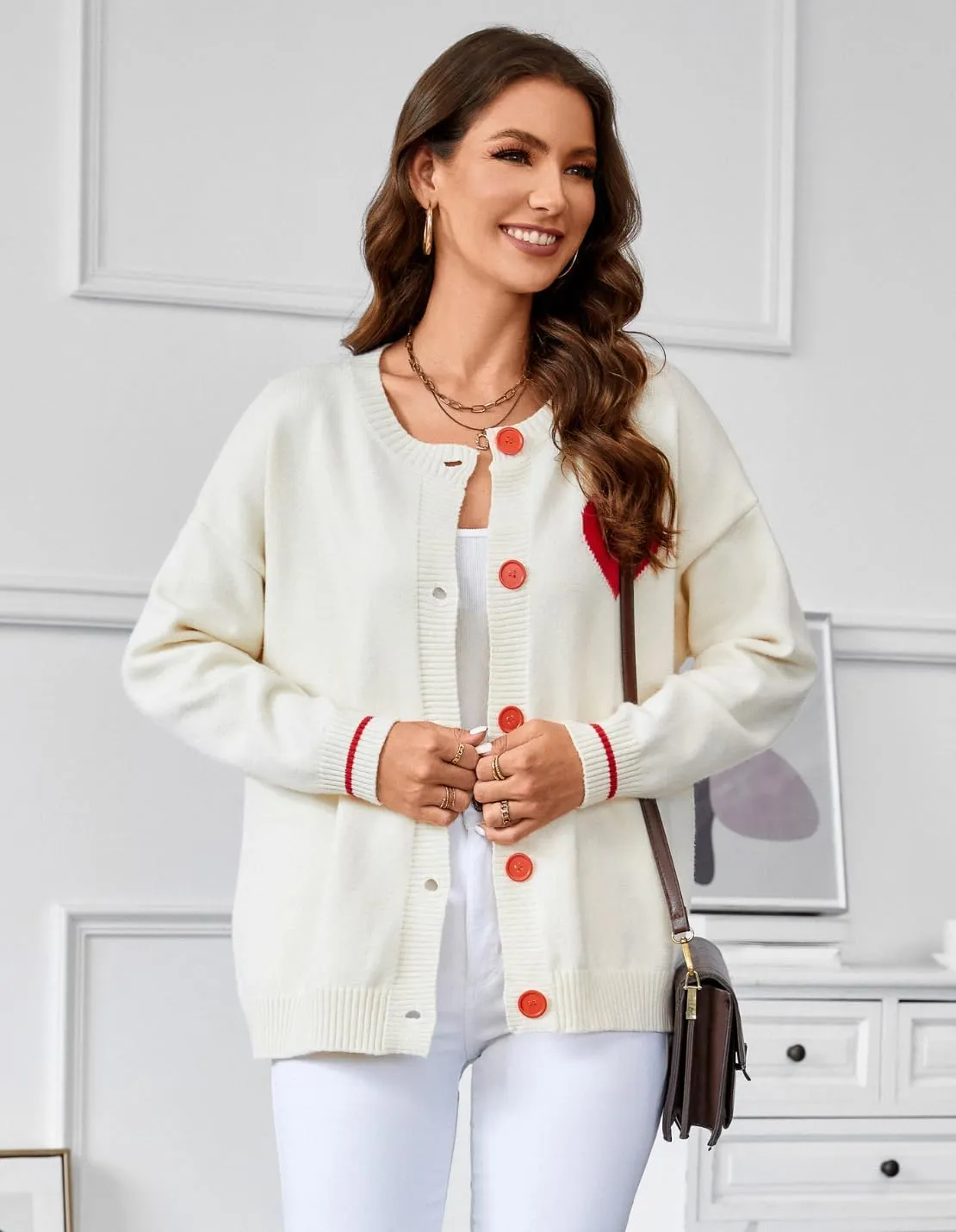 FindThy Women's Cute Cardigan Sweater Kawaii Love Heart Print Y2K Button Knitted Outerwear