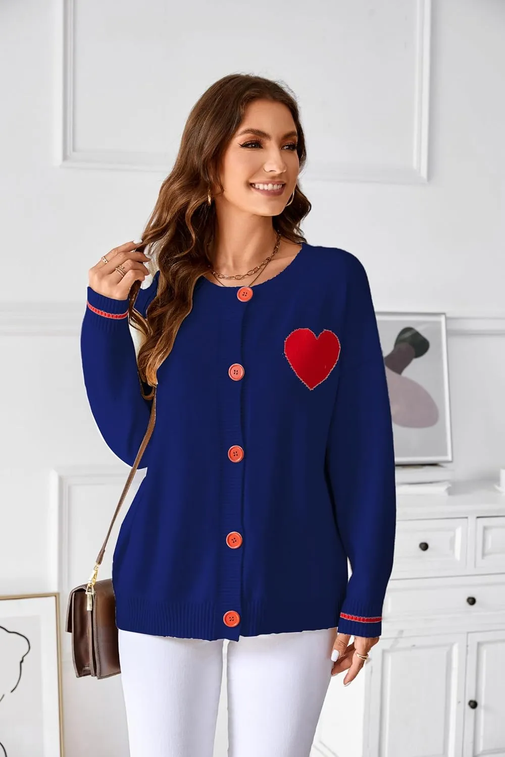 FindThy Women's Cute Cardigan Sweater Kawaii Love Heart Print Y2K Button Knitted Outerwear