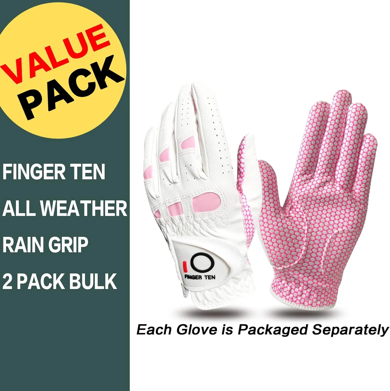 FINGER TEN Golf Gloves Women's Ladies Left Hand or Right Handed Grip Weathersof Value 2 Pack, Fit Size Medium Small Large Pro Design