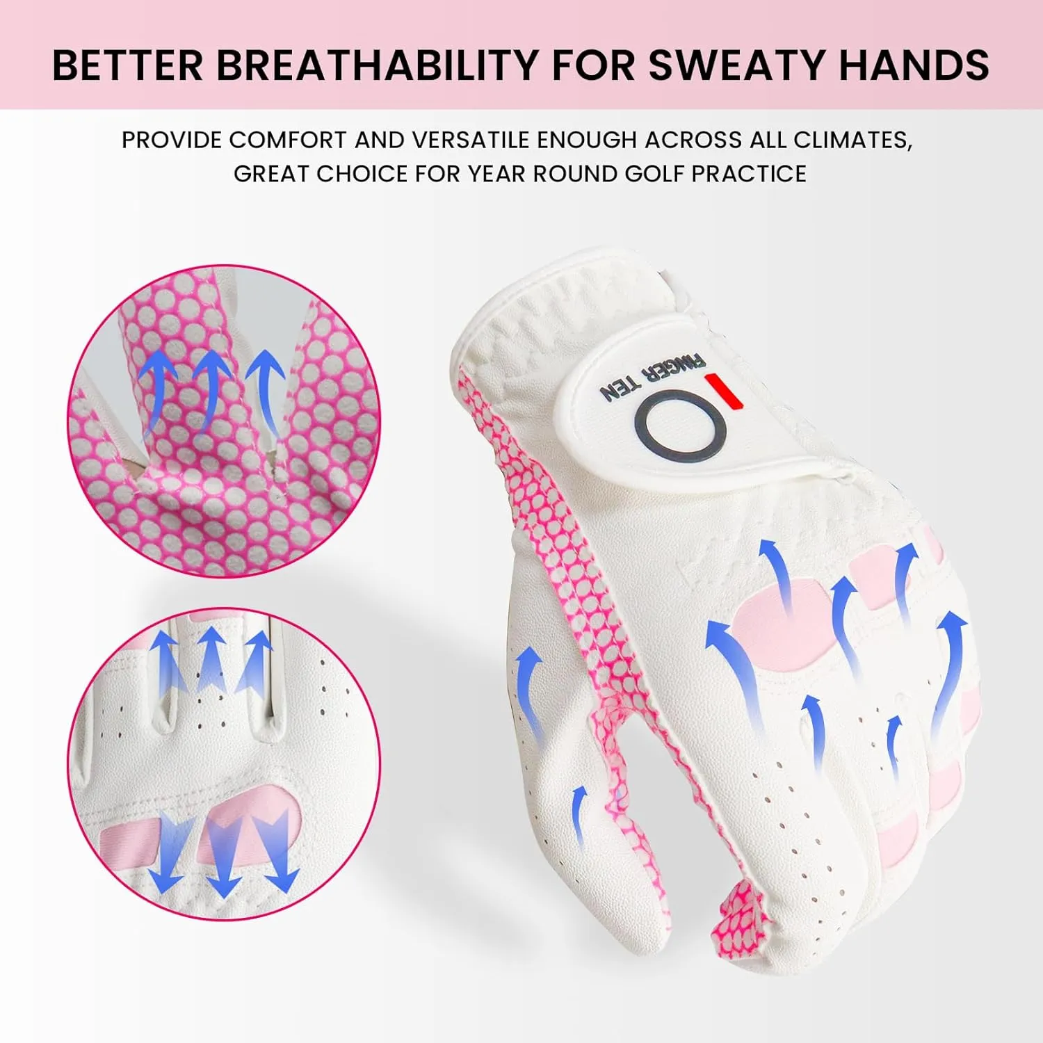 FINGER TEN Golf Gloves Women's Ladies Left Hand or Right Handed Grip Weathersof Value 2 Pack, Fit Size Medium Small Large Pro Design