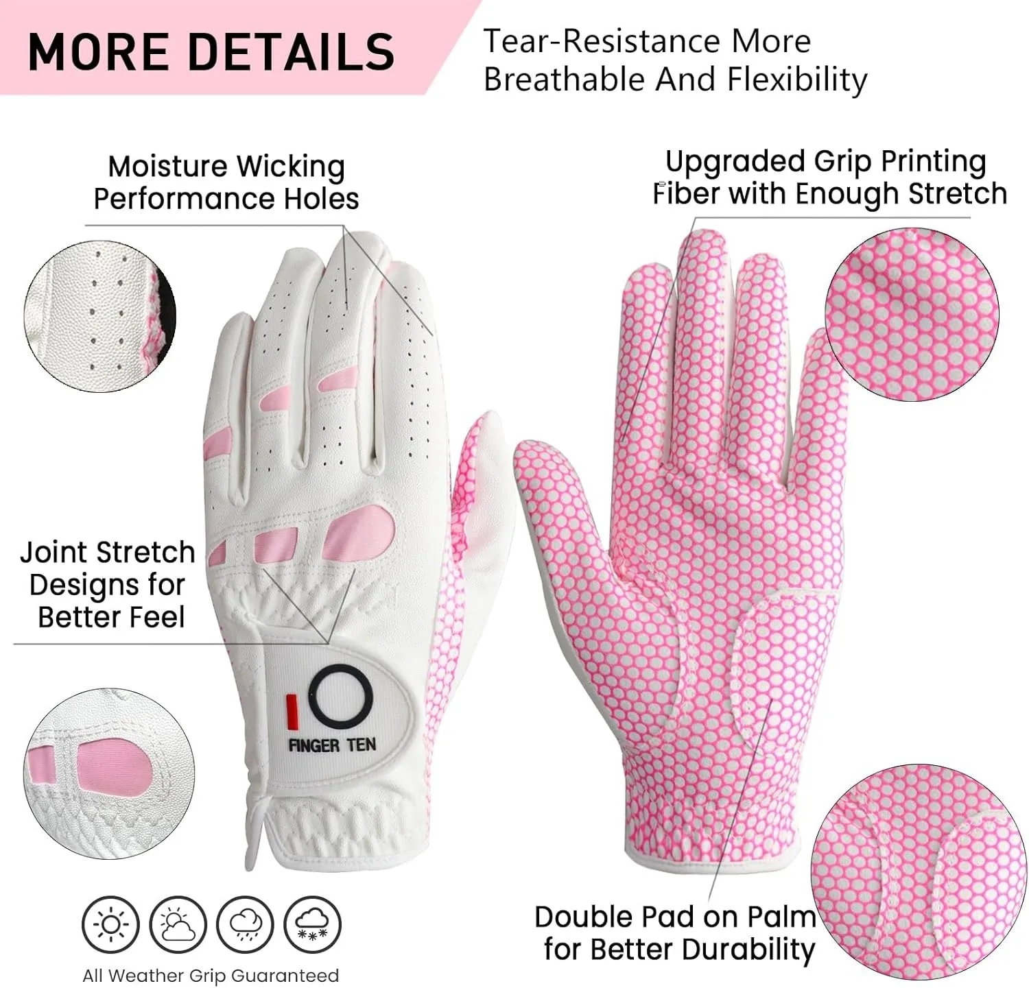 FINGER TEN Golf Gloves Women's Ladies Left Hand or Right Handed Grip Weathersof Value 2 Pack, Fit Size Medium Small Large Pro Design