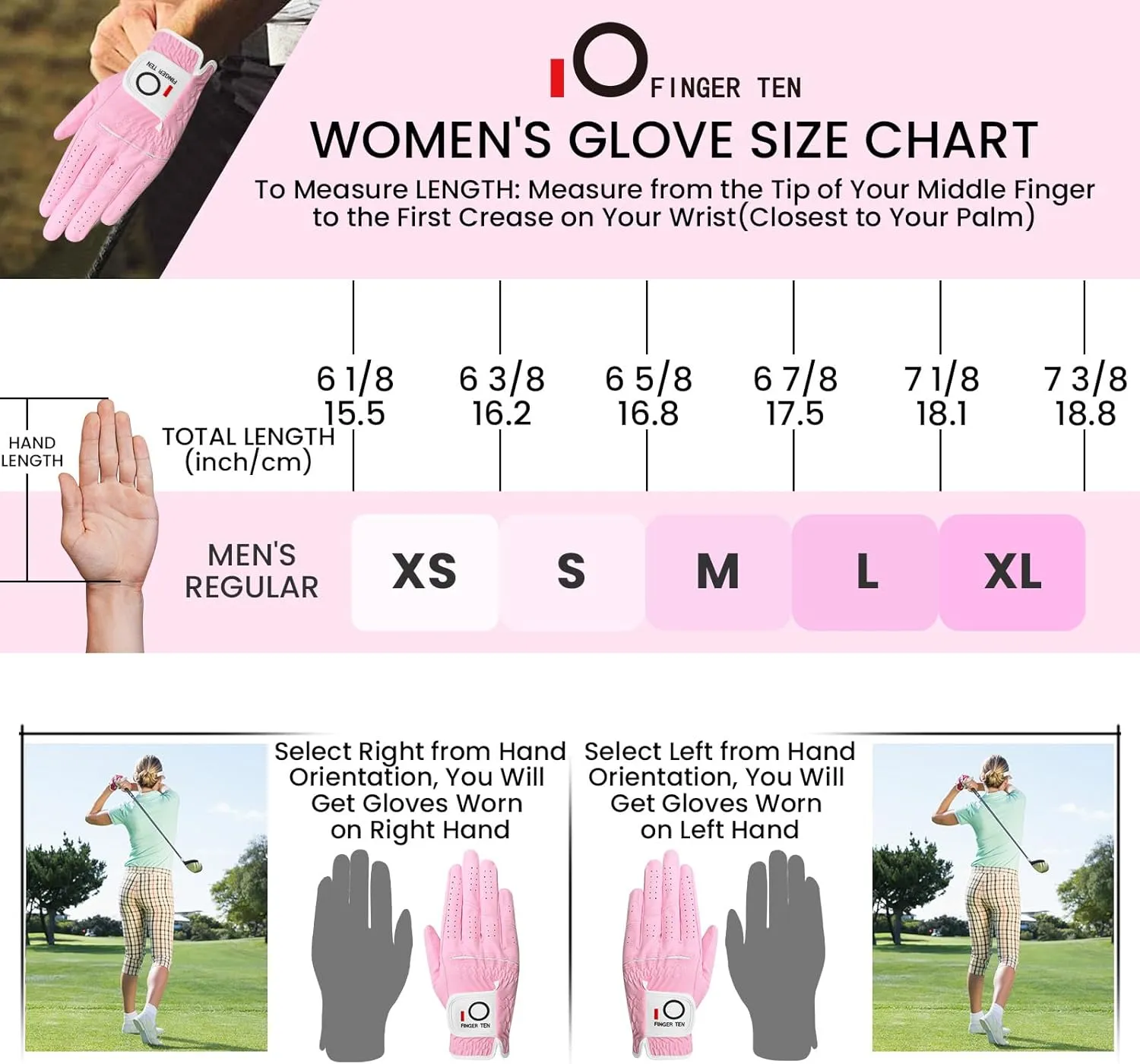 FINGER TEN Womens Ladies Golf Rain Gloves Pair Both Hand or 2 Pack Left Right Hand, Wet Hot Cool Grip, Fit Small Medium Large XL