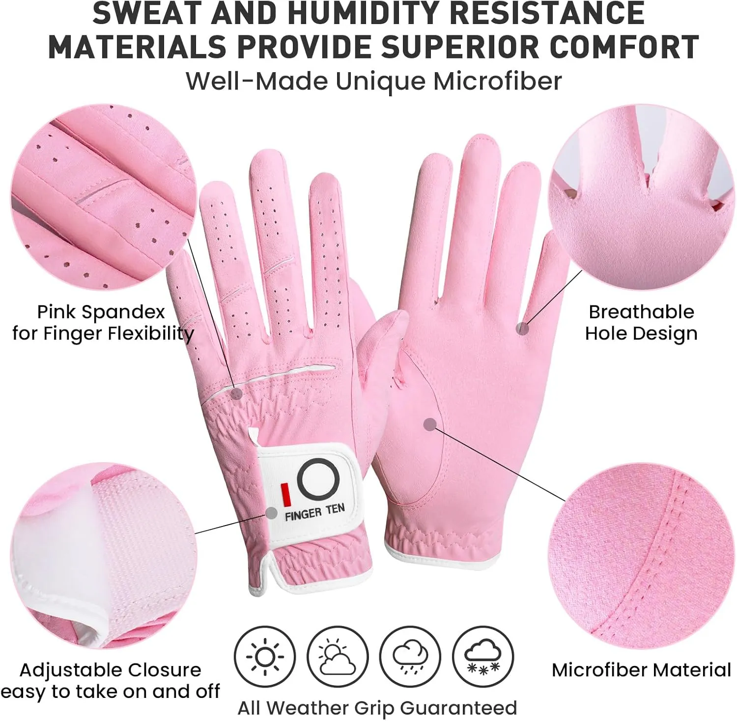 FINGER TEN Womens Ladies Golf Rain Gloves Pair Both Hand or 2 Pack Left Right Hand, Wet Hot Cool Grip, Fit Small Medium Large XL