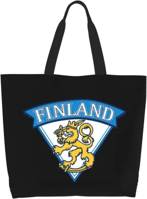 Finland-Flag-Finnish-Travel-Lion- Canvas Tote Bags for Women, Ladies Shoulder Handbags Large Purse Lightweight Foldable Reusable Shopping Bag with Pockets for Work, Travel, 15.7x19.7in