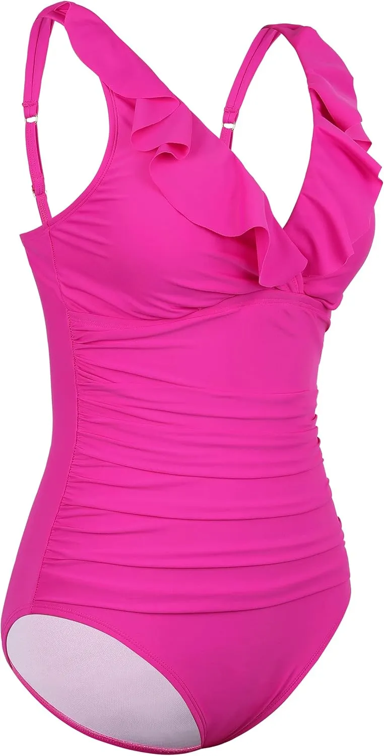 Firpearl Women's Ruffle One Piece Bathing Suits V Neck Vintage Tummy Control Swimsuit Swimwear