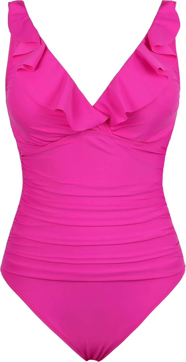 Firpearl Women's Ruffle One Piece Bathing Suits V Neck Vintage Tummy Control Swimsuit Swimwear