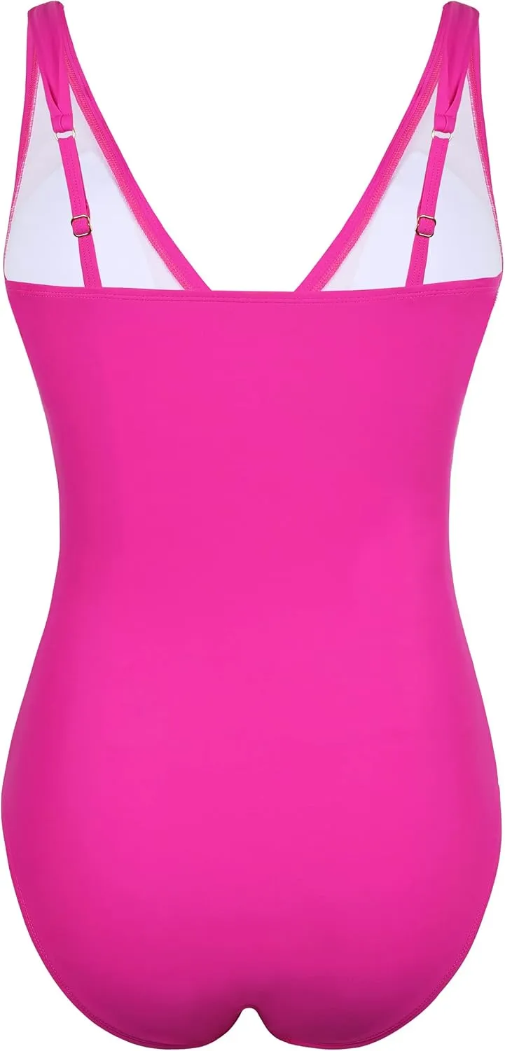 Firpearl Women's Ruffle One Piece Bathing Suits V Neck Vintage Tummy Control Swimsuit Swimwear
