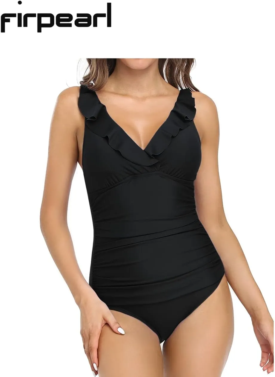 Firpearl Women's Ruffle One Piece Bathing Suits V Neck Vintage Tummy Control Swimsuit Swimwear