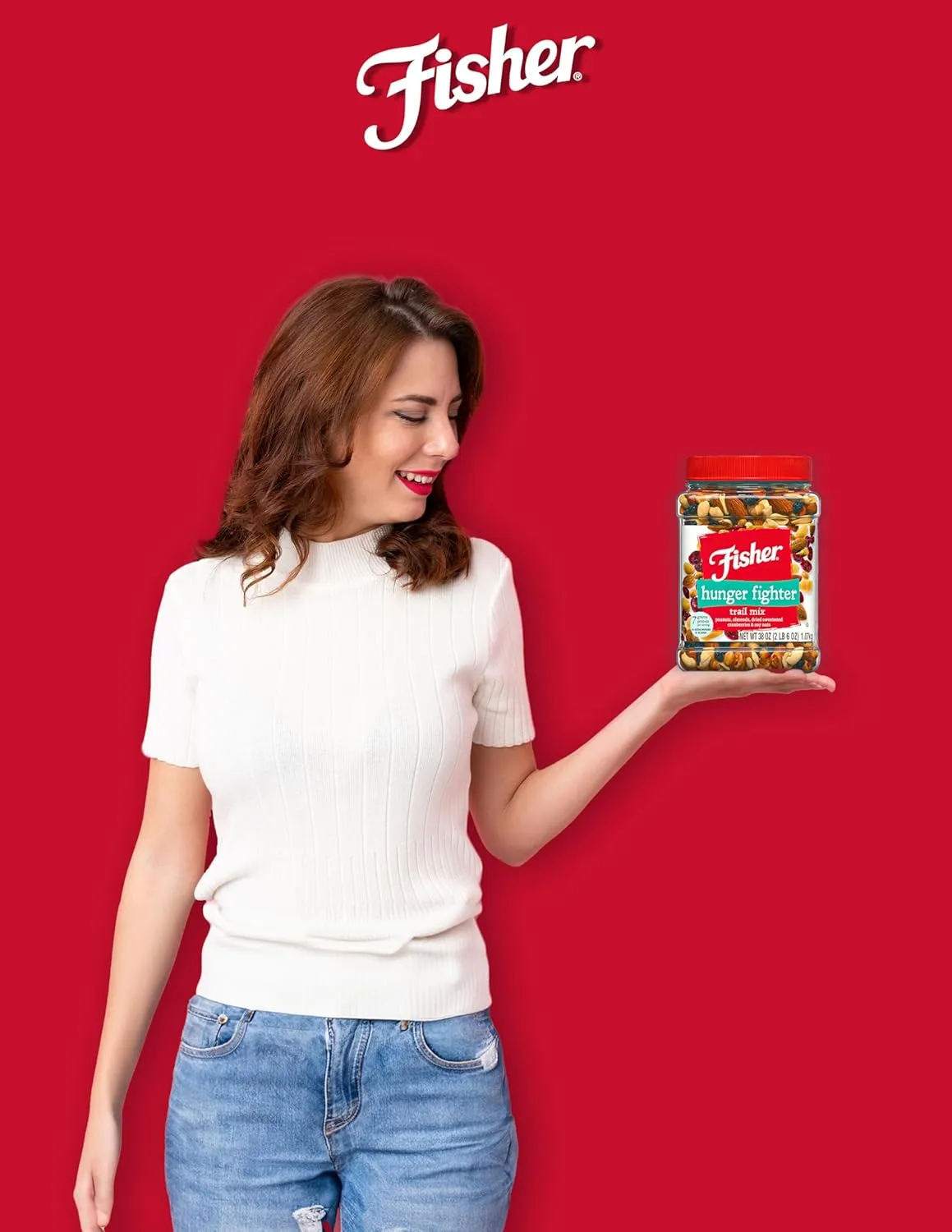Fisher Snack Hunger Fighter Bulk Trail Mix, 38 oz (Pack of 1), Peanuts, Almonds, Dried Sweetened Cranberries and Soy Nuts, Snacks for Adults and Kids, Dried Fruit, Trail Mix Snacks