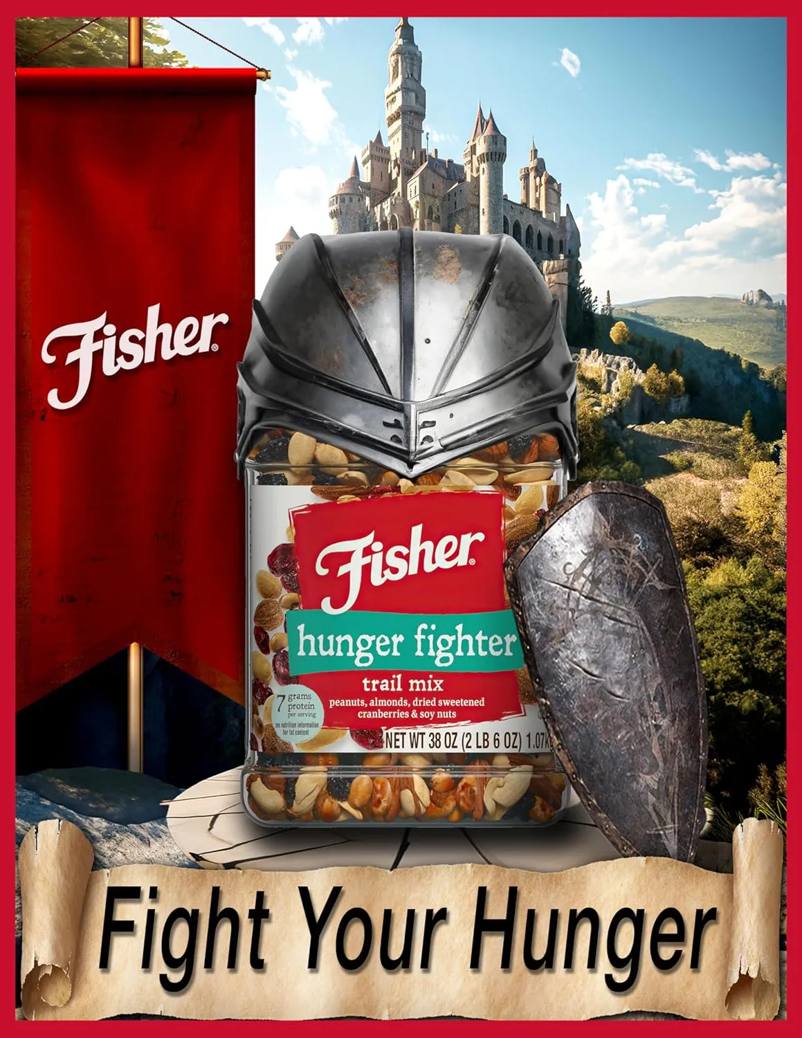 Fisher Snack Hunger Fighter Bulk Trail Mix, 38 oz (Pack of 1), Peanuts, Almonds, Dried Sweetened Cranberries and Soy Nuts, Snacks for Adults and Kids, Dried Fruit, Trail Mix Snacks