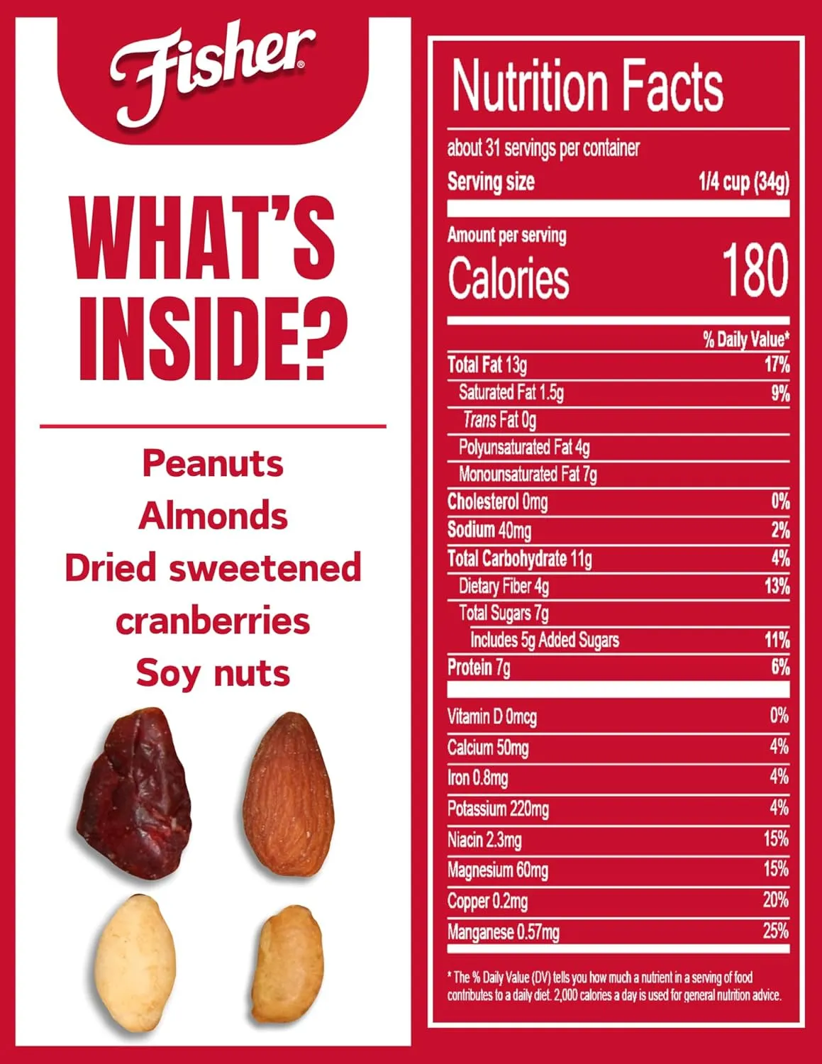 Fisher Snack Hunger Fighter Bulk Trail Mix, 38 oz (Pack of 1), Peanuts, Almonds, Dried Sweetened Cranberries and Soy Nuts, Snacks for Adults and Kids, Dried Fruit, Trail Mix Snacks
