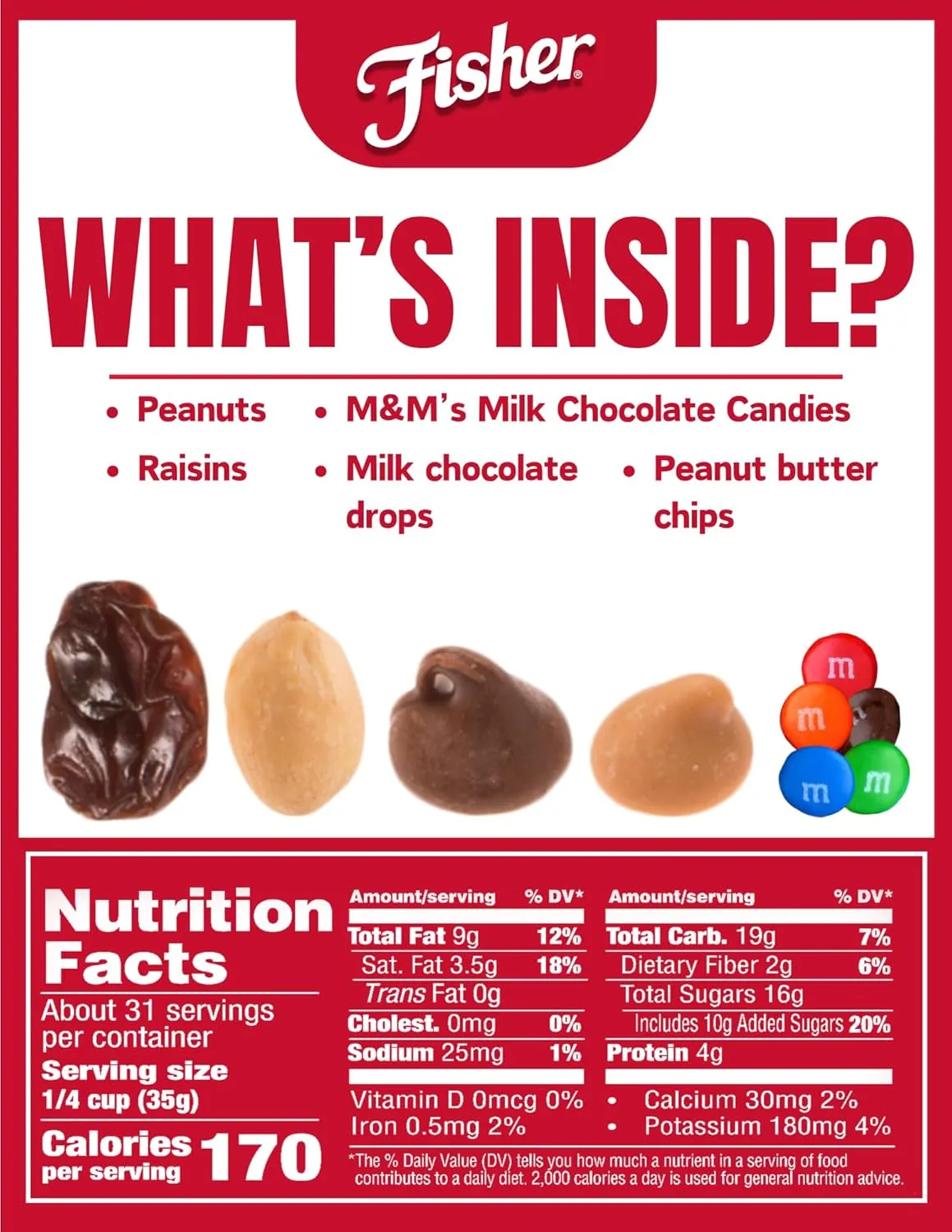 Fisher Snack Indulgent Bulk Trail Mix, 38 oz (Pack of 1), Peanuts, Milk Chocolate Candies, Raisins, Milk Chocolate and Peanut Butter Chips, Snacks for Adults and Kids, Trail Mix Snacks